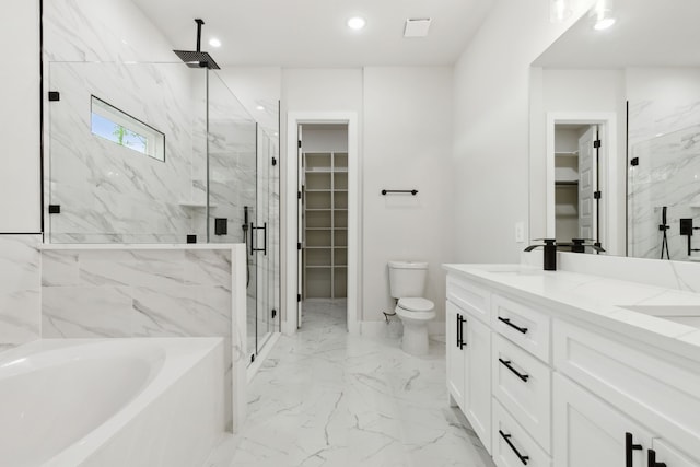 2239 Scotland Dr, Dallas, TX 75216 - full bathroom with a bath, recessed lighting, marble finish floor, a sink, and a marble finish shower