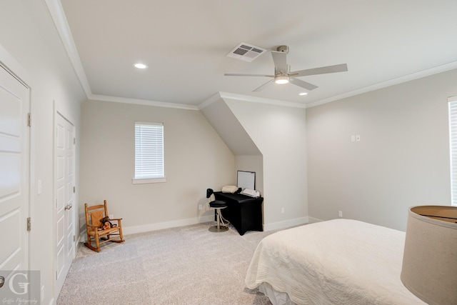 262 Poydras Ave, Bossier City, LA 71111 - carpeted bedroom featuring ornamental molding, visible vents, recessed lighting, and a ceiling fan