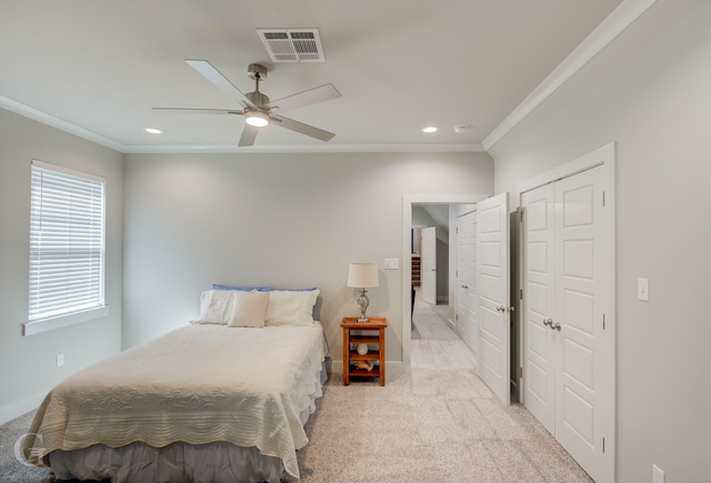 262 Poydras Ave, Bossier City, LA 71111 - bedroom with ornamental molding, light carpet, recessed lighting, visible vents, and ceiling fan