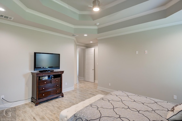 262 Poydras Ave, Bossier City, LA 71111 - bedroom with visible vents, a raised ceiling, ornamental molding, light wood-type flooring, and recessed lighting