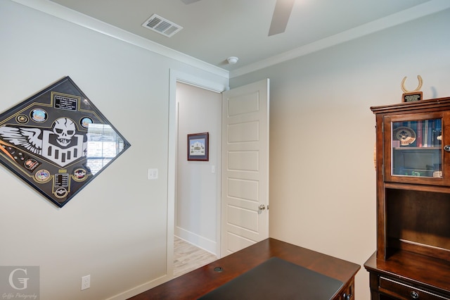 262 Poydras Ave, Bossier City, LA 71111 - home office with baseboards, crown molding, visible vents, ceiling fan, and wood finished floors