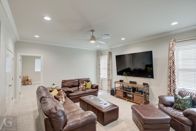 262 Poydras Ave, Bossier City, LA 71111 - carpeted living room with recessed lighting, visible vents, a ceiling fan, and ornamental molding
