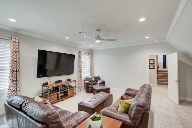 262 Poydras Ave, Bossier City, LA 71111 - living room with visible vents, ceiling fan, recessed lighting, stairway, and light colored carpet