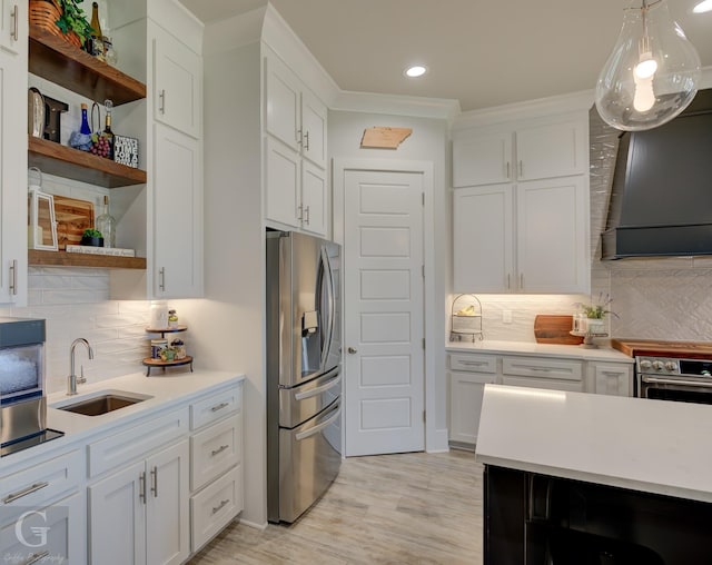 262 Poydras Ave, Bossier City, LA 71111 - kitchen with stainless steel fridge with ice dispenser, open shelves, a sink, light countertops, and white cabinetry