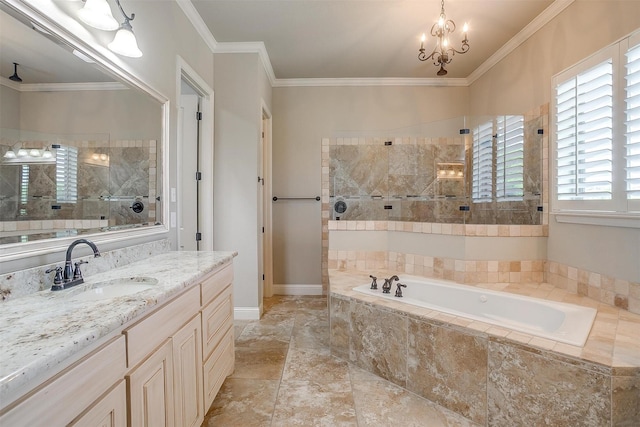 bathroom with a bath, baseboards, crown molding, a walk in shower, and vanity