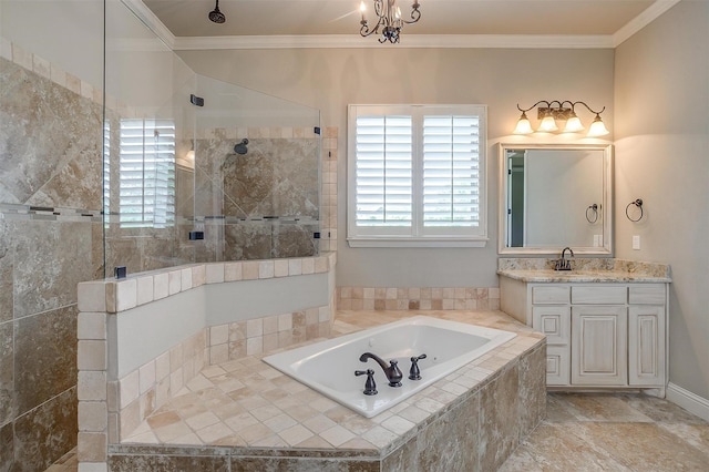 bathroom with walk in shower, vanity, a garden tub, and ornamental molding