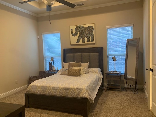 686 Pendle Forest Dr, Frisco, TX 75036 - carpeted bedroom with ornamental molding, visible vents, baseboards, and a ceiling fan