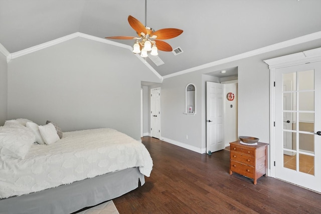 bedroom with ceiling fan, high vaulted ceiling, wood finished floors, and baseboards
