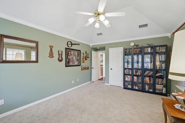 living area featuring visible vents, ceiling fan, carpet flooring, and vaulted ceiling