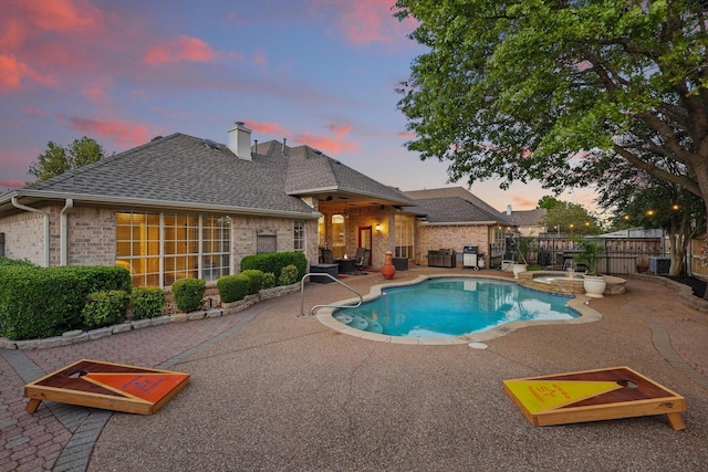 view of swimming pool with central AC, a patio area, area for grilling, a fenced backyard, and a fenced in pool