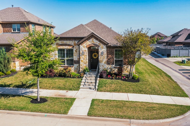 1421 Sage Way, Little Elm, TX 76227 - view of front of property featuring stone siding, a front lawn, and a shingled roof