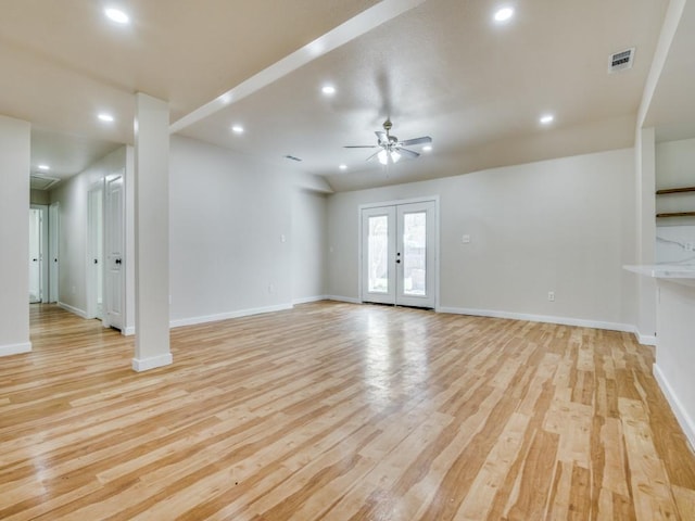 unfurnished living room featuring visible vents, baseboards, light wood-type flooring, a ceiling fan, and recessed lighting