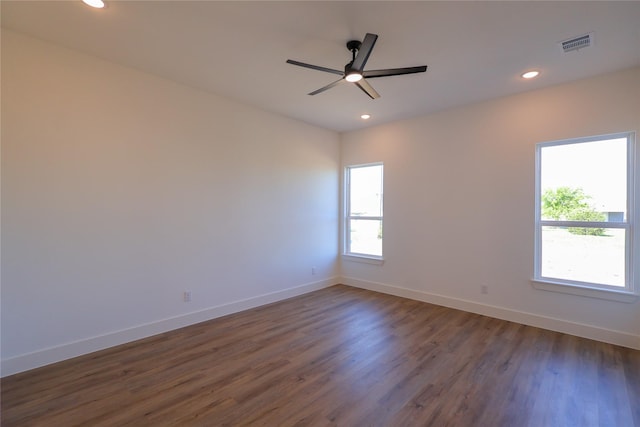 spare room with visible vents, baseboards, recessed lighting, and ceiling fan