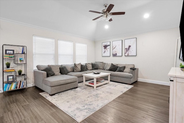 303 W Ohio Ave, Dallas, TX 75224 - living room featuring baseboards, dark wood-style flooring, ornamental molding, a ceiling fan, and lofted ceiling