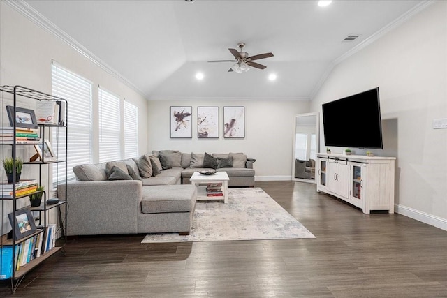 303 W Ohio Ave, Dallas, TX 75224 - living room featuring dark wood-style floors, ornamental molding, a ceiling fan, and lofted ceiling