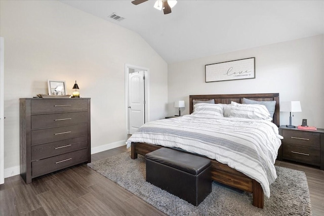 303 W Ohio Ave, Dallas, TX 75224 - bedroom featuring visible vents, baseboards, vaulted ceiling, and dark wood finished floors