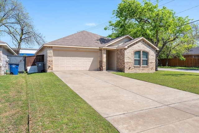 303 W Ohio Ave, Dallas, TX 75224 - ranch-style home with driveway, a front lawn, a garage, fence, and a shingled roof