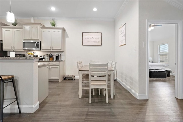 303 W Ohio Ave, Dallas, TX 75224 - kitchen featuring crown molding, a ceiling fan, stainless steel microwave, dark wood-style flooring, and baseboards
