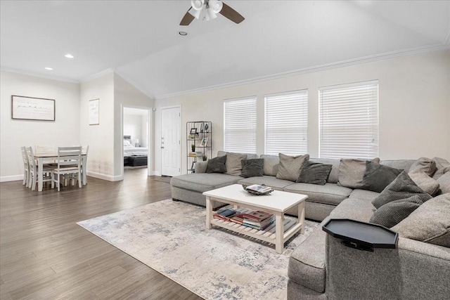303 W Ohio Ave, Dallas, TX 75224 - living area featuring baseboards, ornamental molding, a ceiling fan, recessed lighting, and wood finished floors