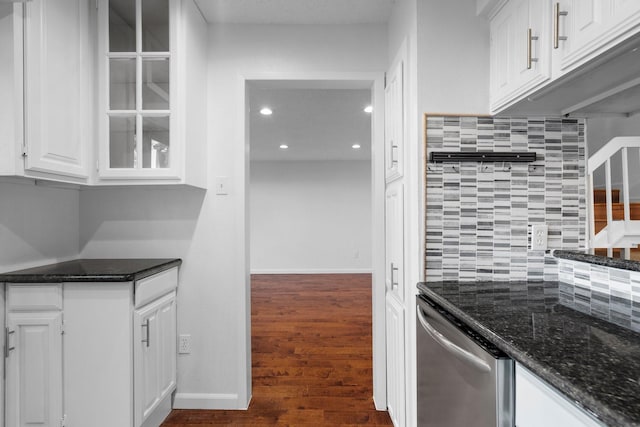 851 Dublin Dr Unit 3, Richardson, TX 75080 - kitchen with stainless steel dishwasher, white cabinets, decorative backsplash, dark stone countertops, and recessed lighting