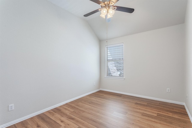 5208 Birchwood Dr, Mckinney, TX 75071 - empty room with light wood-style flooring, ceiling fan, baseboards, and vaulted ceiling