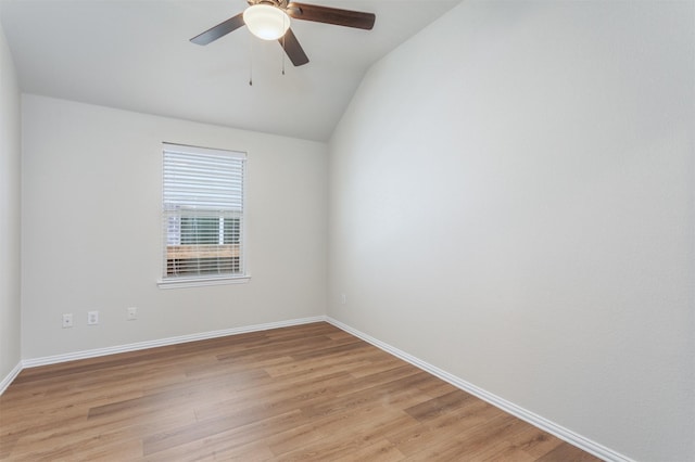 5208 Birchwood Dr, Mckinney, TX 75071 - empty room featuring ceiling fan, light wood-type flooring, vaulted ceiling, and baseboards