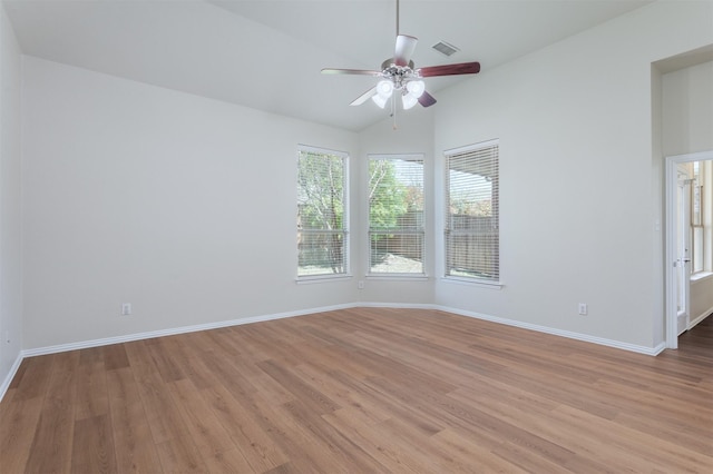 5208 Birchwood Dr, Mckinney, TX 75071 - unfurnished room featuring visible vents, ceiling fan, light wood-type flooring, and vaulted ceiling
