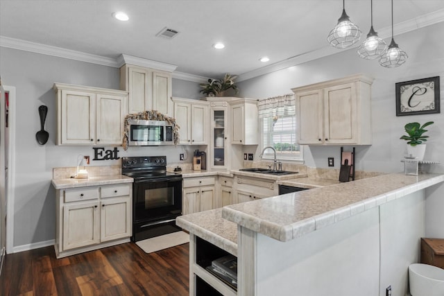 kitchen featuring electric range, a sink, a peninsula, stainless steel microwave, and visible vents
