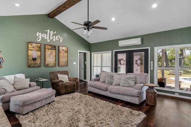 living area featuring ceiling fan, beam ceiling, dark wood-style floors, and a wall mounted air conditioner