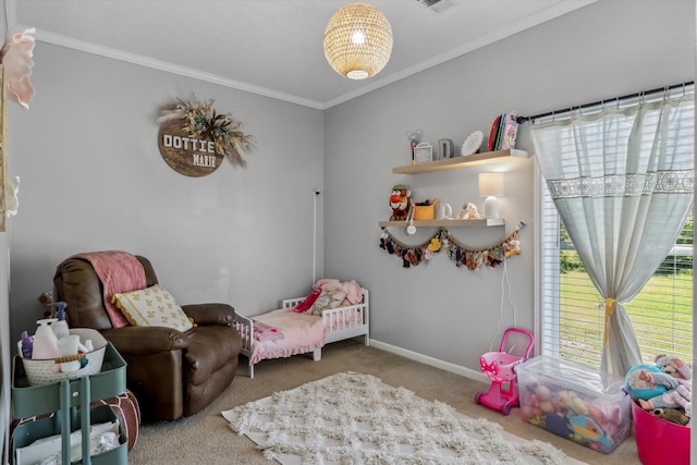 bedroom featuring crown molding, carpet floors, baseboards, and visible vents
