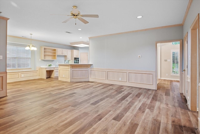 kitchen with open shelves, a decorative wall, light wood finished floors, crown molding, and wall oven