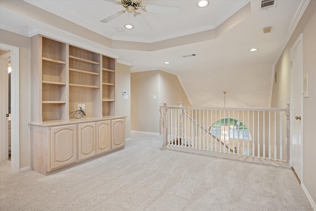 additional living space with light carpet, a ceiling fan, recessed lighting, and baseboards