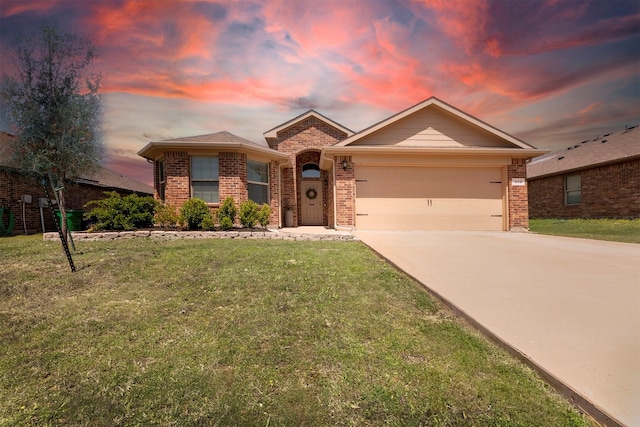 313 Fairgrounds Ln, Ponder, TX 76259 - ranch-style house with brick siding, driveway, a front yard, and a garage