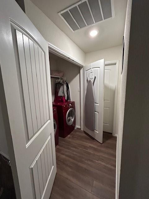 345 Wishbone Ln, Fort Worth, TX 76052 - laundry area with recessed lighting, washer and dryer, visible vents, and dark wood-style floors