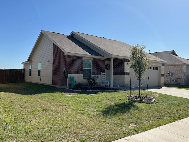 345 Wishbone Ln, Fort Worth, TX 76052 - ranch-style house featuring concrete driveway, a front lawn, an attached garage, brick siding, and fence
