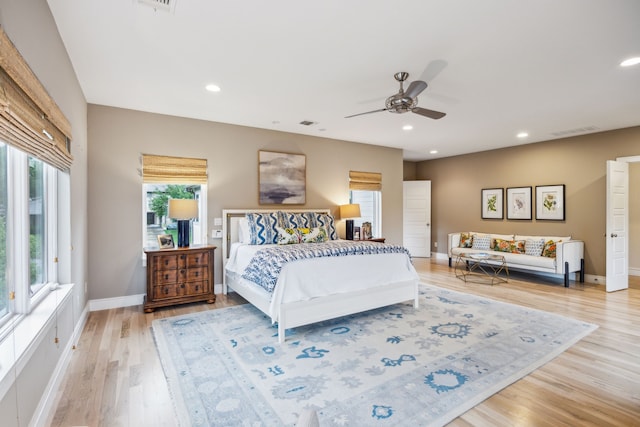 6604 Northridge Dr, Dallas, TX 75214 - bedroom featuring multiple windows, light wood-style floors, baseboards, recessed lighting, and ceiling fan