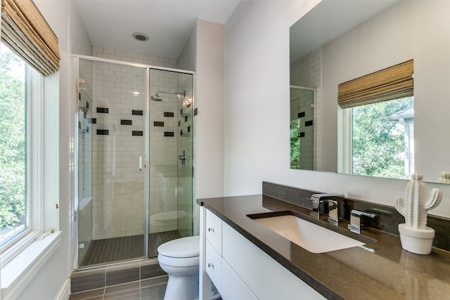 full bathroom with vanity, a stall shower, and toilet