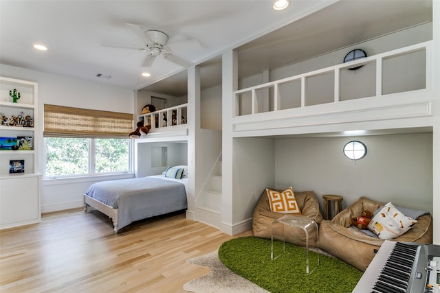 bedroom with recessed lighting, baseboards, ceiling fan, and light wood finished floors