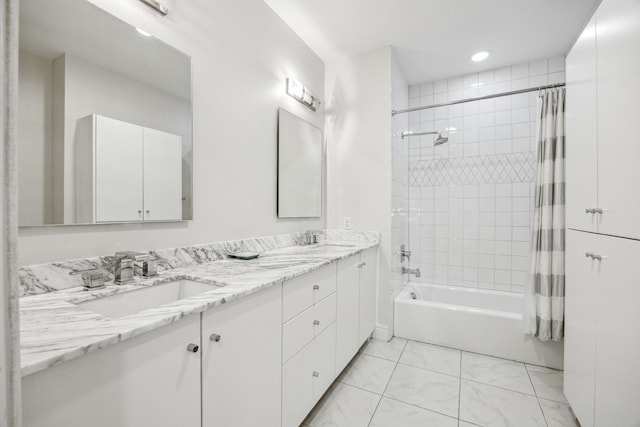 6604 Northridge Dr, Dallas, TX 75214 - full bath with marble finish flooring, shower / tub combo with curtain, recessed lighting, and double vanity