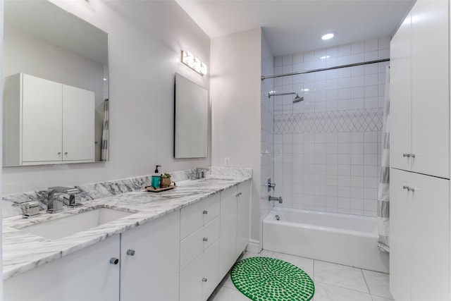 full bathroom featuring double vanity, a sink, shower / bathtub combination with curtain, and tile patterned floors