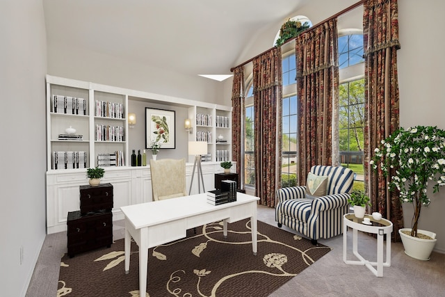 carpeted office with healthy amount of natural light and high vaulted ceiling