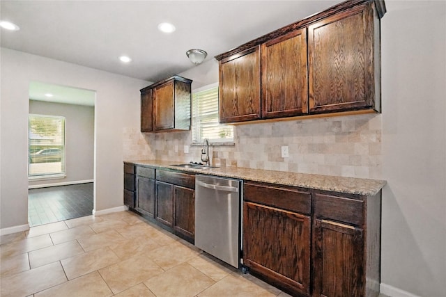 3321 Lynbrook Dr, Plano, TX 75075 - kitchen featuring baseboards, dishwasher, a sink, recessed lighting, and decorative backsplash