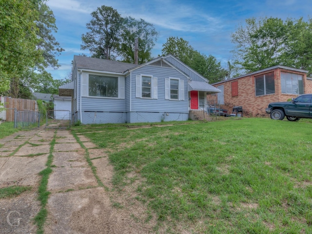 ranch-style house with a front yard, fence, a gate, and crawl space