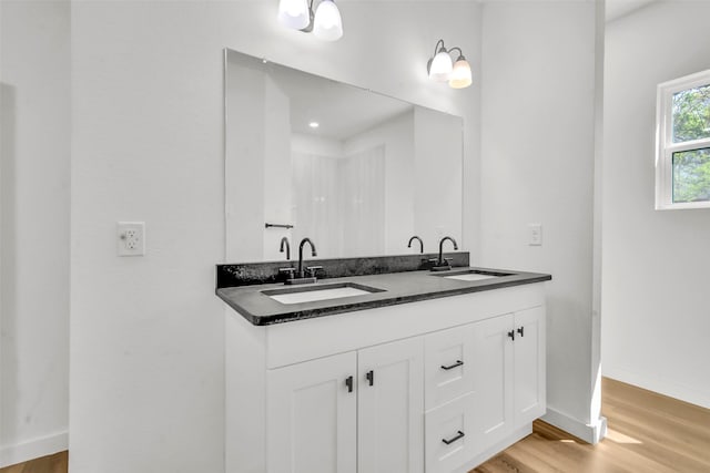bathroom featuring double vanity, baseboards, a sink, and wood finished floors