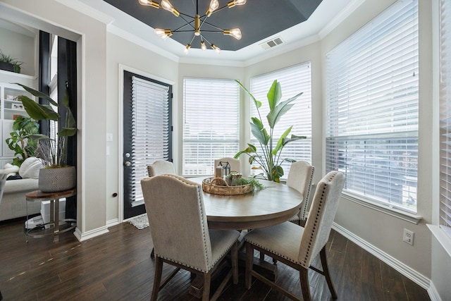 1500 Shropshire St, Keller, TX 76248 - dining space with a chandelier, baseboards, dark wood finished floors, plenty of natural light, and crown molding
