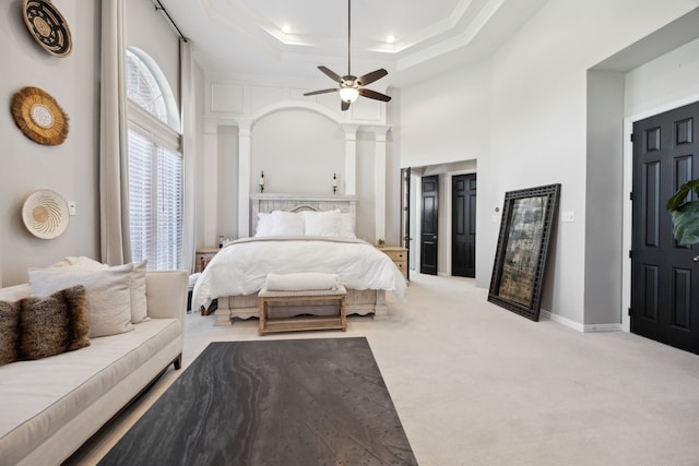 1500 Shropshire St, Keller, TX 76248 - carpeted bedroom with a towering ceiling, ornate columns, ornamental molding, recessed lighting, and ceiling fan