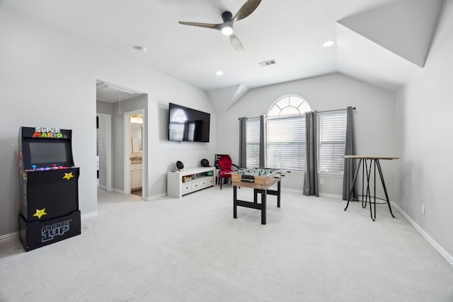 1500 Shropshire St, Keller, TX 76248 - recreation room with attic access, ceiling fan, carpet floors, baseboards, and vaulted ceiling