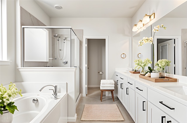 141 York Bridge Rd, Springtown, TX 76082 - full bathroom with double vanity, a stall shower, a bath, and baseboards