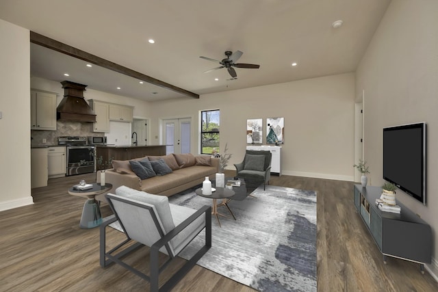 2312 Royce Dr, Arlington, TX 76016 - living room with baseboards, recessed lighting, a ceiling fan, dark wood-type flooring, and beamed ceiling