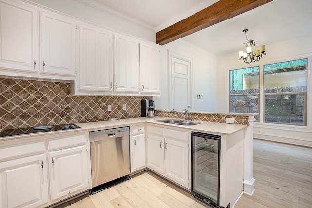 3422 Lovers Ln Unit A, University Park, TX 75225 - kitchen featuring dishwasher, wine cooler, a sink, a chandelier, and light wood-type flooring